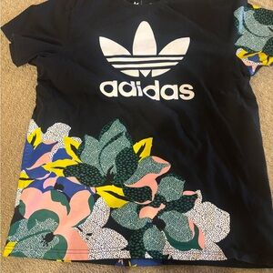 adidas Black Tee with Pink, Green & Yellow Floral Graphic
